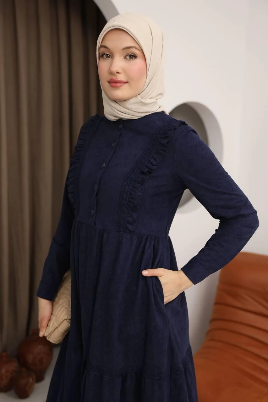 LF5012 Güpürlü Fırfırlı Star Süet Elbise – Özel Günler İçin Zarif Seçim