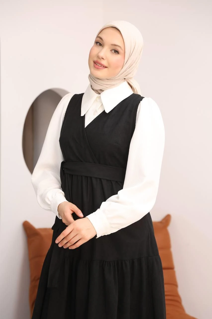 LF5035 Star Süet Gömlek & Elbise Takımı – Kemerli, Cepli, V Yaka Tesettür Kombin - Siyah