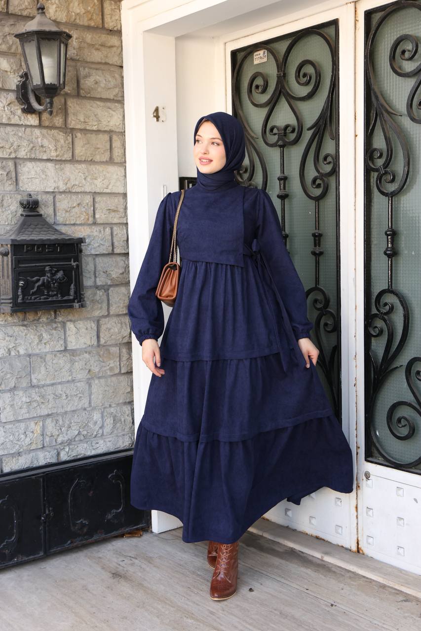 LF5032 Modern Kesim Kuşak Detaylı Tesettür Elbise