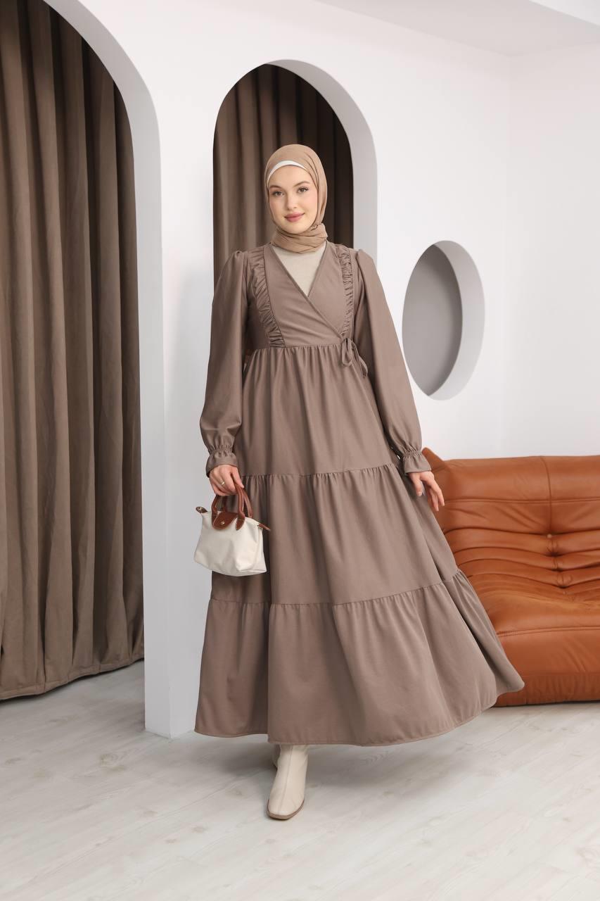 LF5016 Kruvaze Detaylı Kadife Uzun Elbise – Zarif ve Feminen Stil - Sütlü Kahve