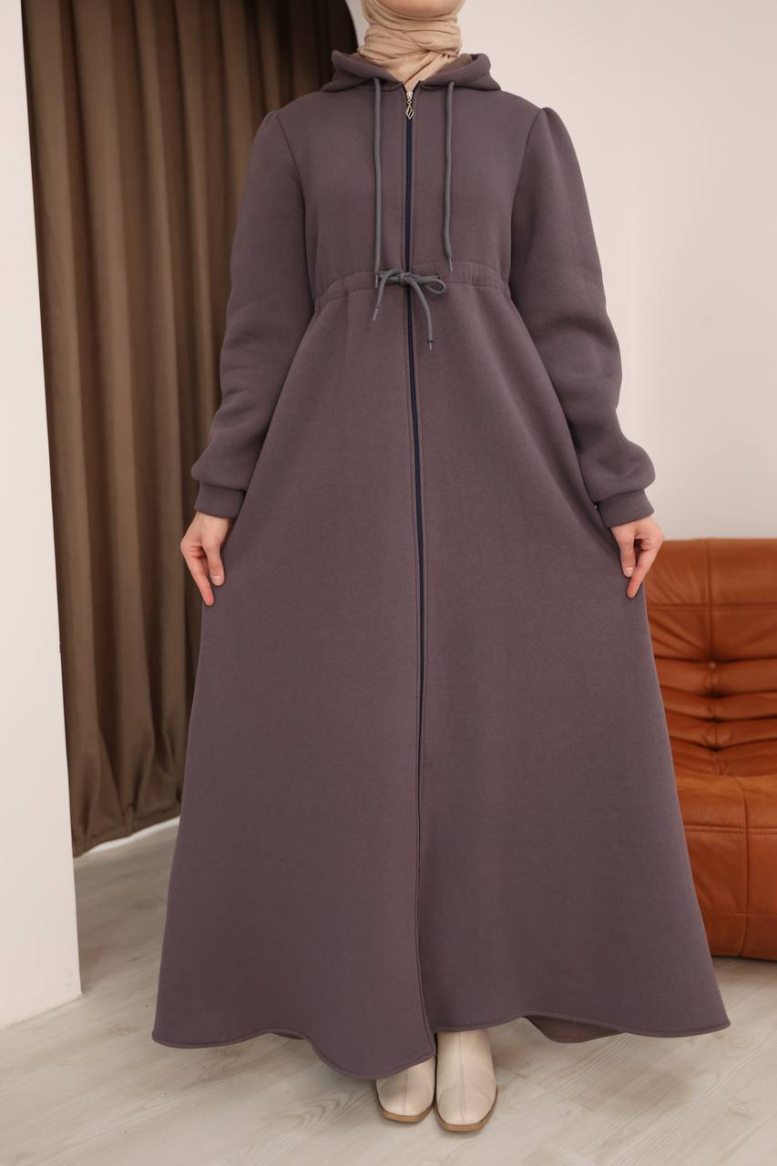 LF5023 Kapitone Görünümlü 3 İplik Hoodie Elbise – Kışın Sıcak ve Şık Tarzı - Açık Gri