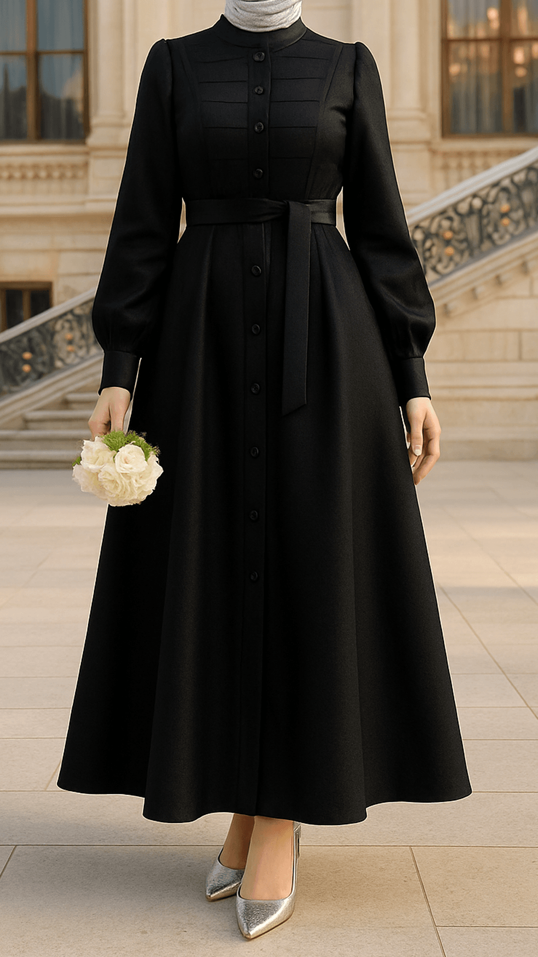 LF5004 Arwen Kumaş Tesettür Elbise – 2026 Yeni Sezonun Zarif ve Modern Seçimi - Siyah