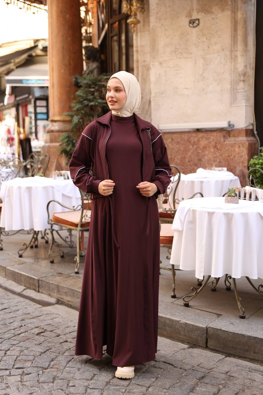 LF5001 Tesettür Spor Elbise Takım – Fermuarlı Ceketli Rahat Kombin | İki İplik Kumaş