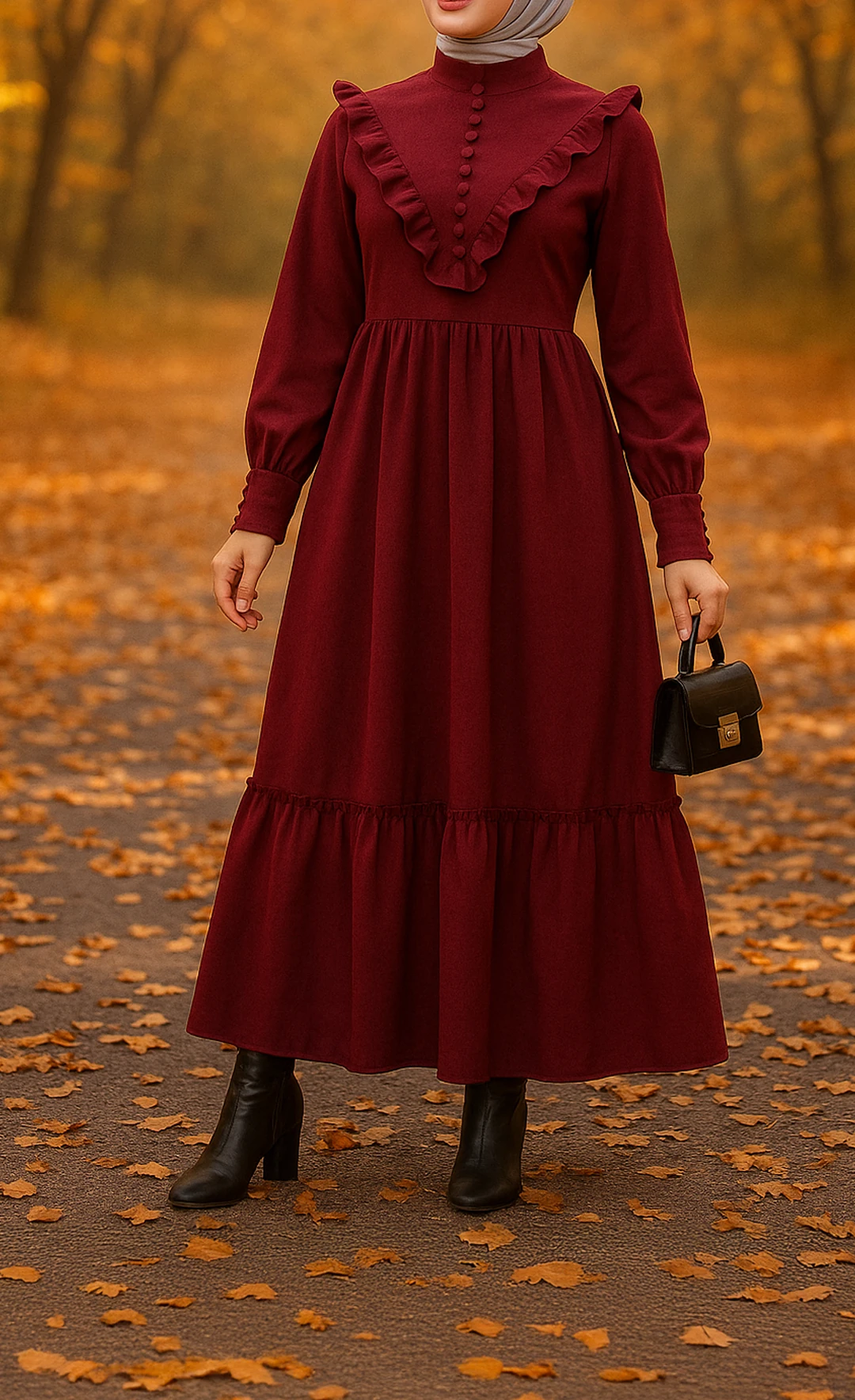 LF5005 Fırfırlı Düğmeli Star Süet Tesettür Elbise – 2026 Yeni Sezonun Zarif ve Modern Şıklığı