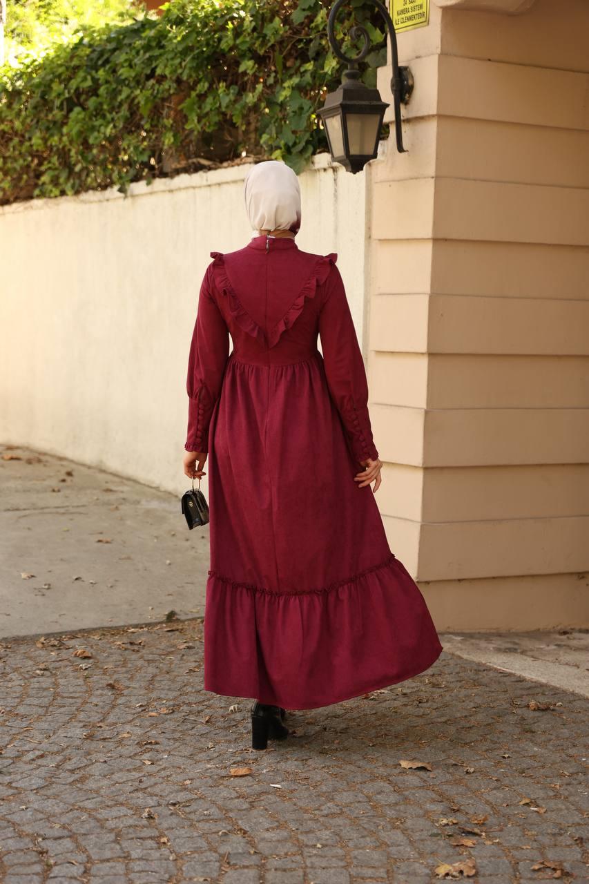 LF5005 Fırfırlı Düğmeli Star Süet Tesettür Elbise – 2026 Yeni Sezonun Zarif ve Modern Şıklığı