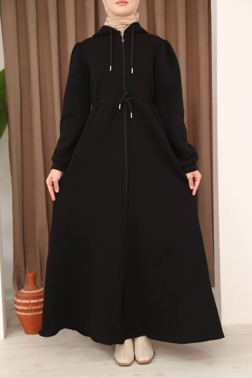 LF5023 Kapitone Görünümlü 3 İplik Hoodie Elbise – Kışın Sıcak ve Şık Tarzı - Siyah