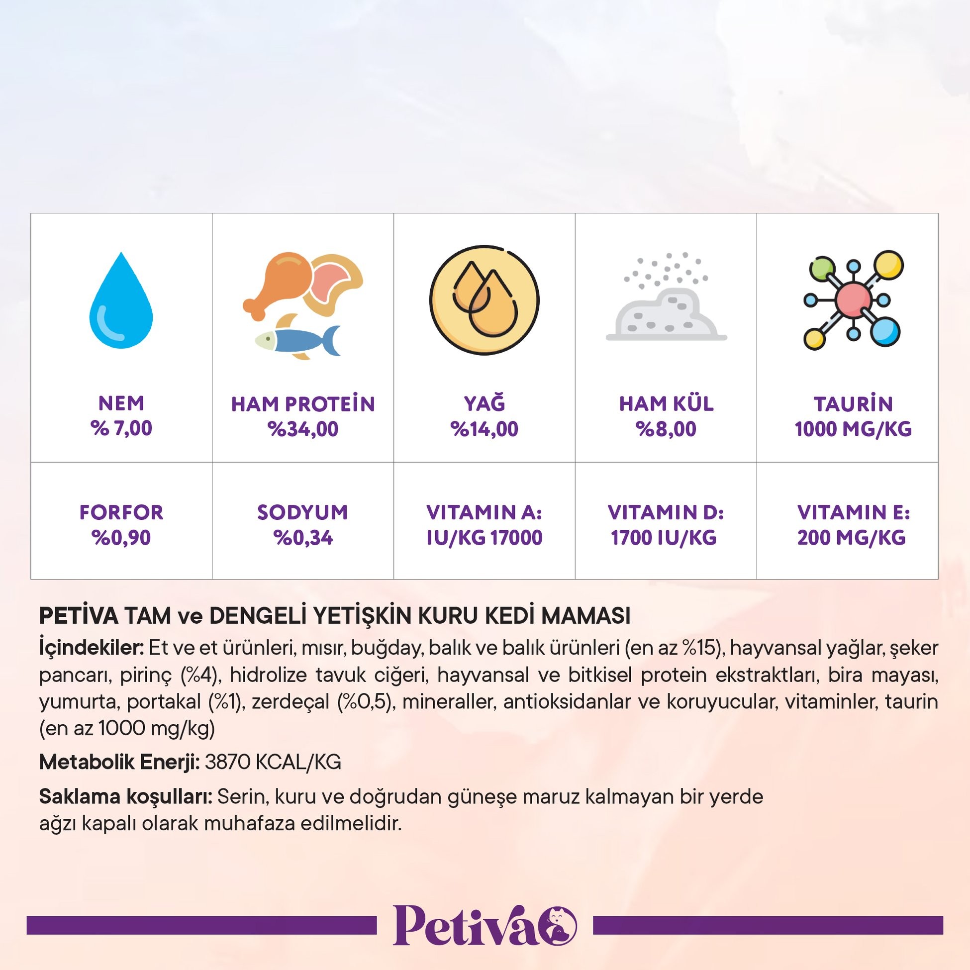Petiva Yetişkin Kediler İçin Balık Etli Kuru Kedi Maması 3 Kg