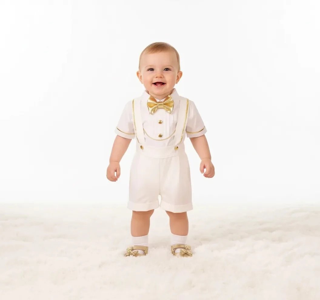 Gold Detaylı Beyaz Salopet ve Gömlek Takımı