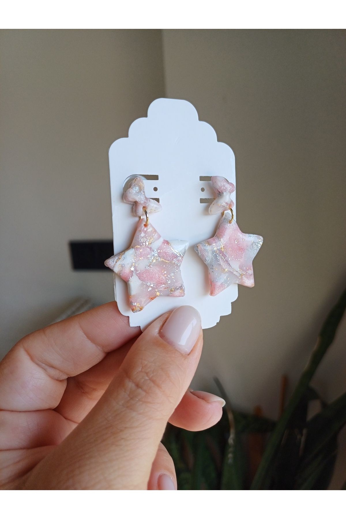 Pembe Mermer Kil Küpe, El yapımı Tasarım Küpe, Küpe Modelleri,Altın Kaplama ,Sallantılı Küpeler