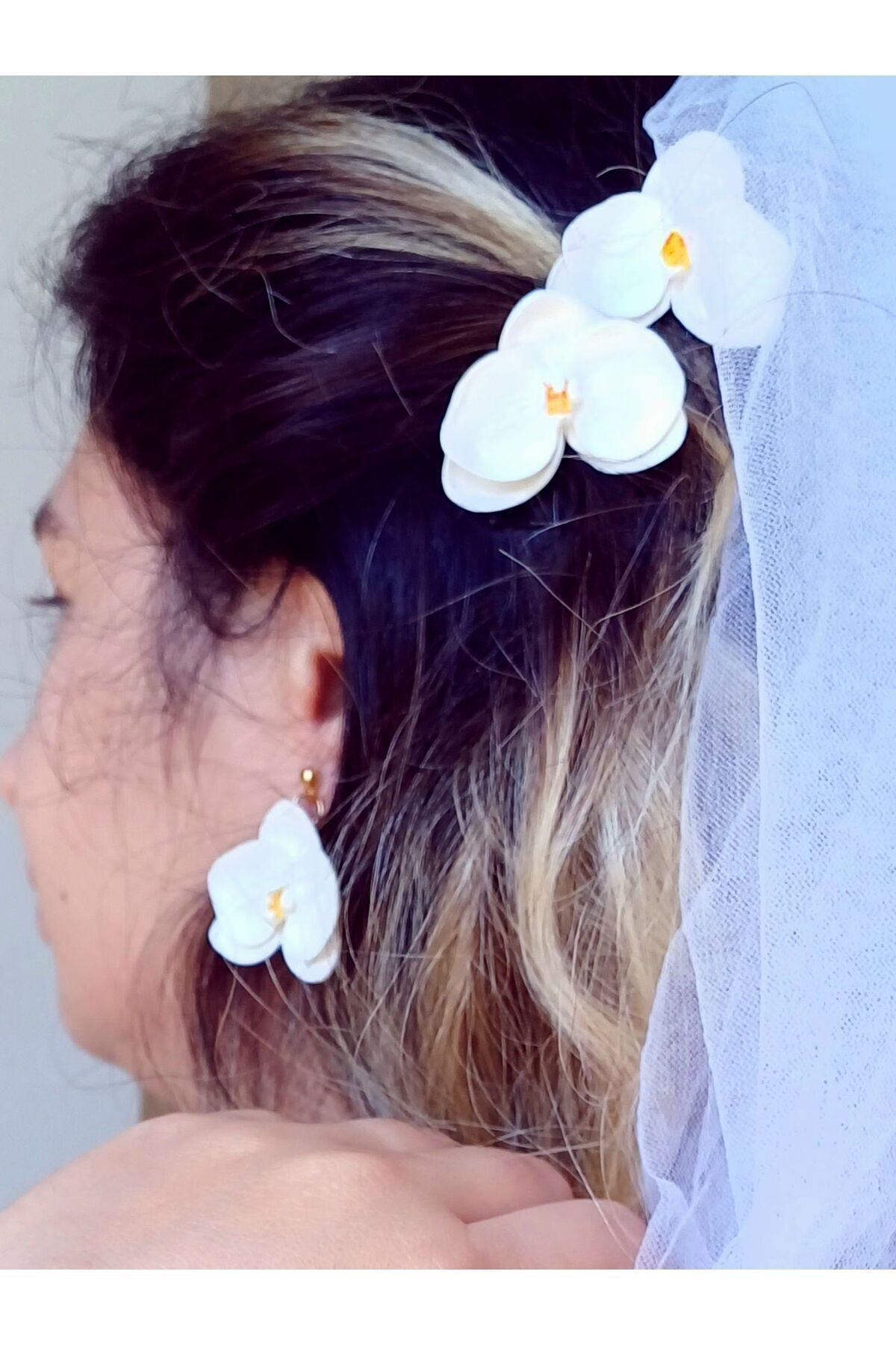 Orkide Gelin Toka, Orkide Çiçekli Toka, Helen Gelin Saçı, Nikah Saç Aksesuarları 2'li Set