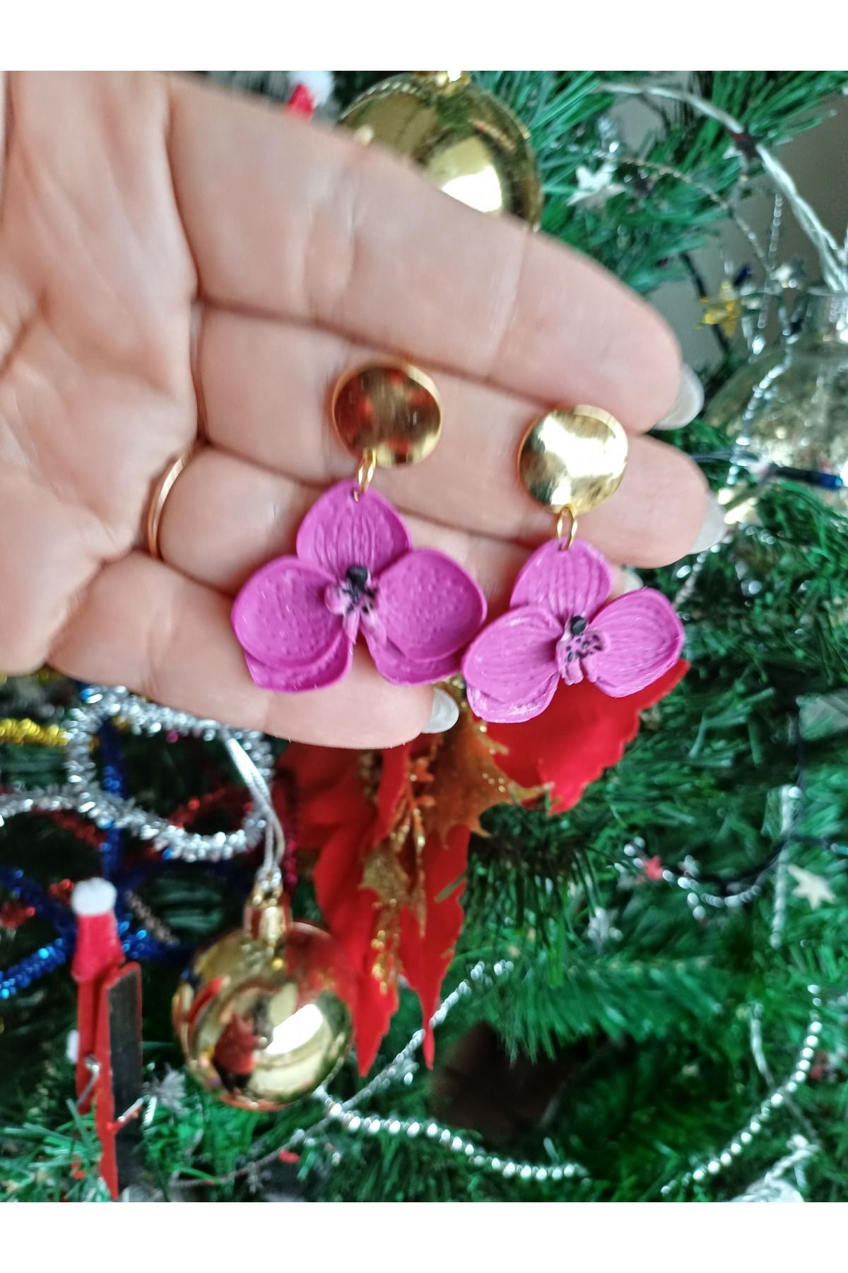 Orkide Çiçeği polimer Kil Küpeler, Sallantılı Özel Tasarım Küpe, El yapımı Kil Küpe