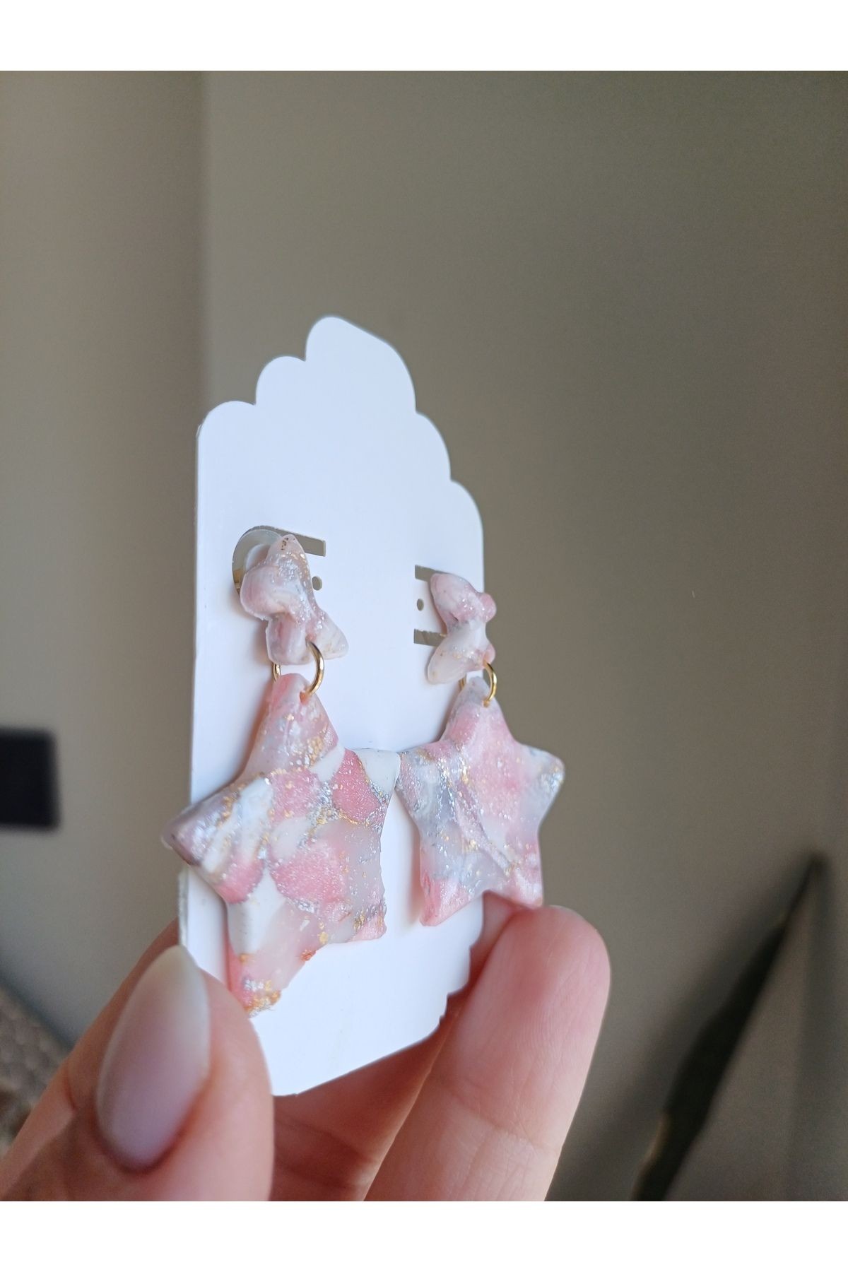 Pembe Mermer Kil Küpe, El yapımı Tasarım Küpe, Küpe Modelleri,Altın Kaplama ,Sallantılı Küpeler