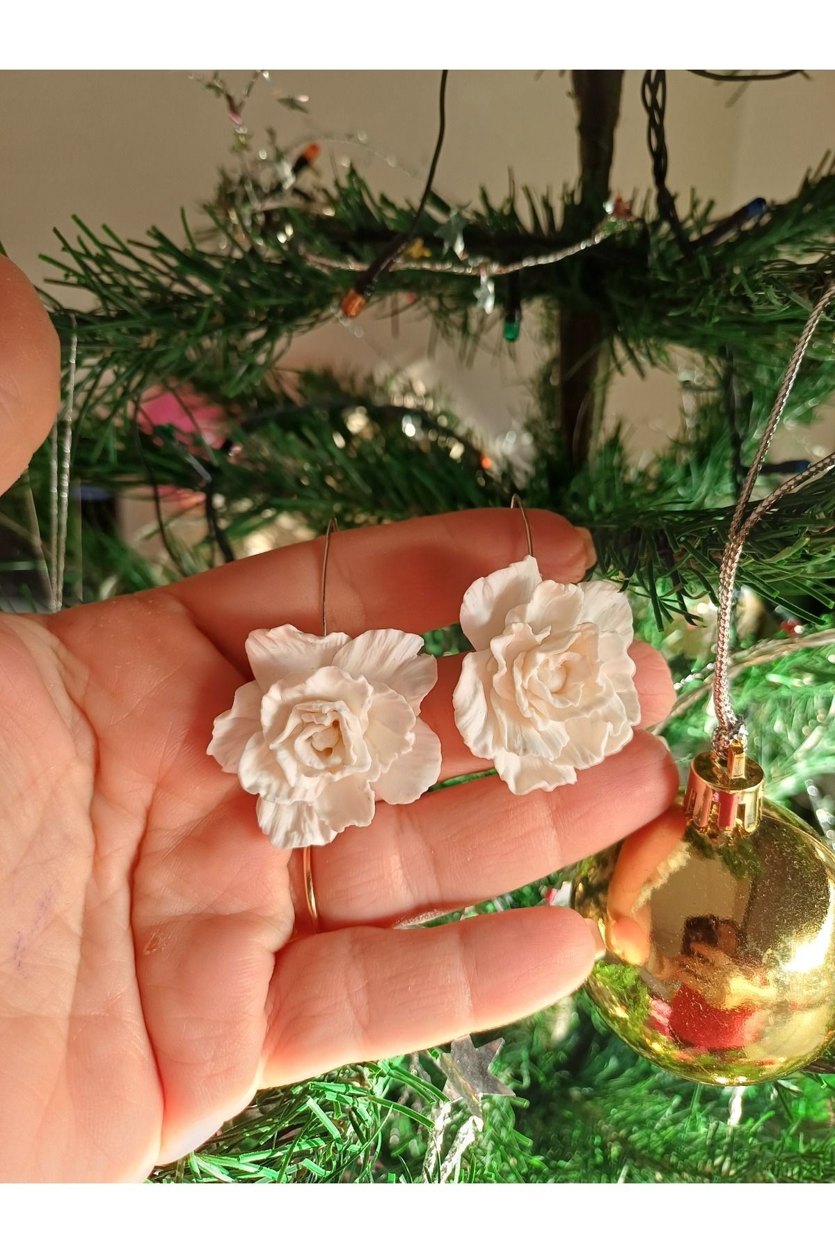 Beyaz Şakayık Küpe, Polimer Kil Küpe, Sallantılı Çiçek Küpe,