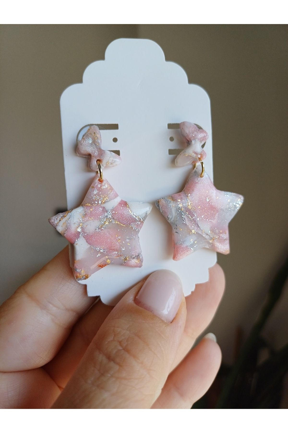 Pembe Mermer Kil Küpe, El yapımı Tasarım Küpe, Küpe Modelleri,Altın Kaplama ,Sallantılı Küpeler
