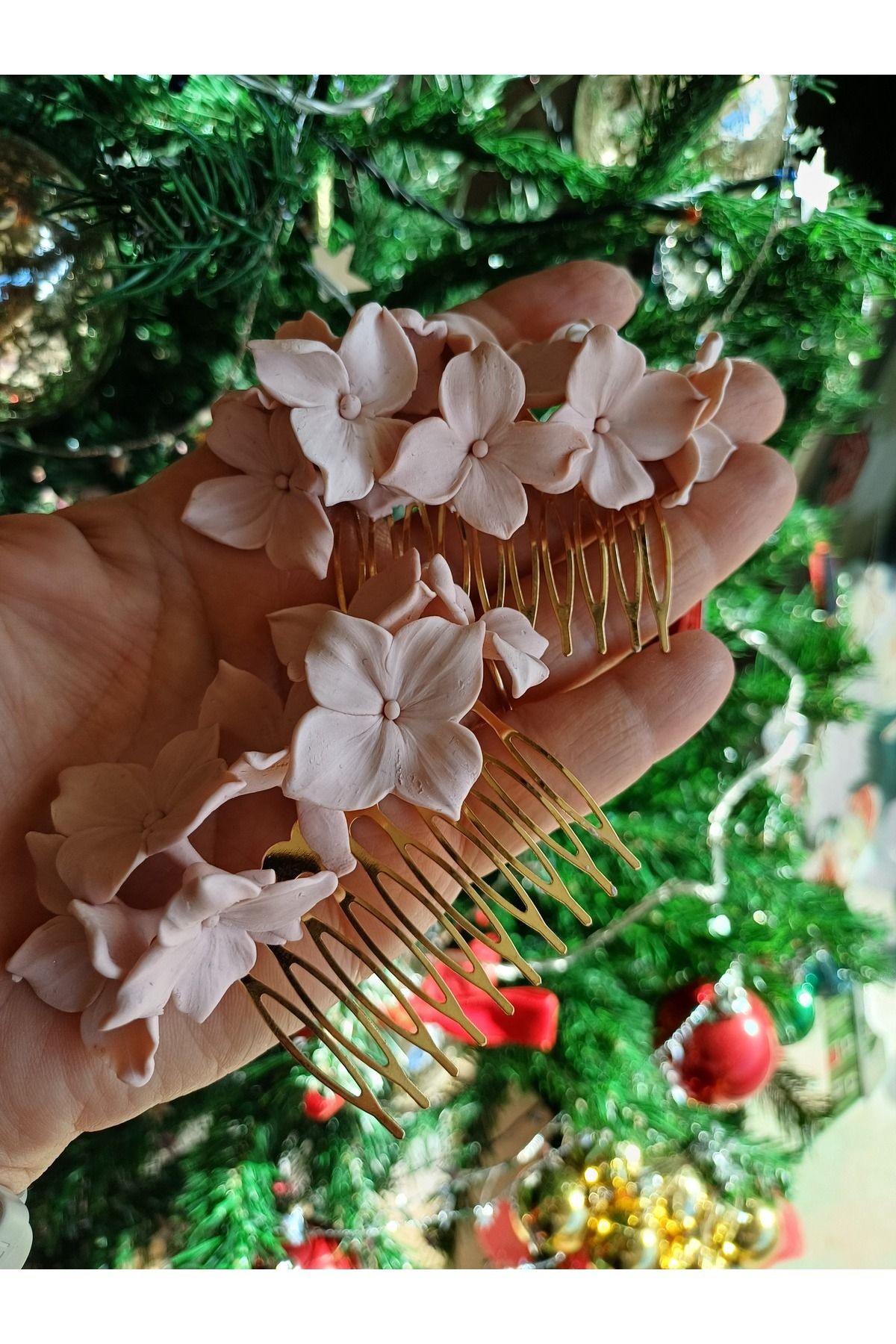 Pudra Rengi Ortanca Çiçekli Tarak Toka, Helen Gelin Saçı, Gelin Saç Aksesuarları, Nikah Saçı