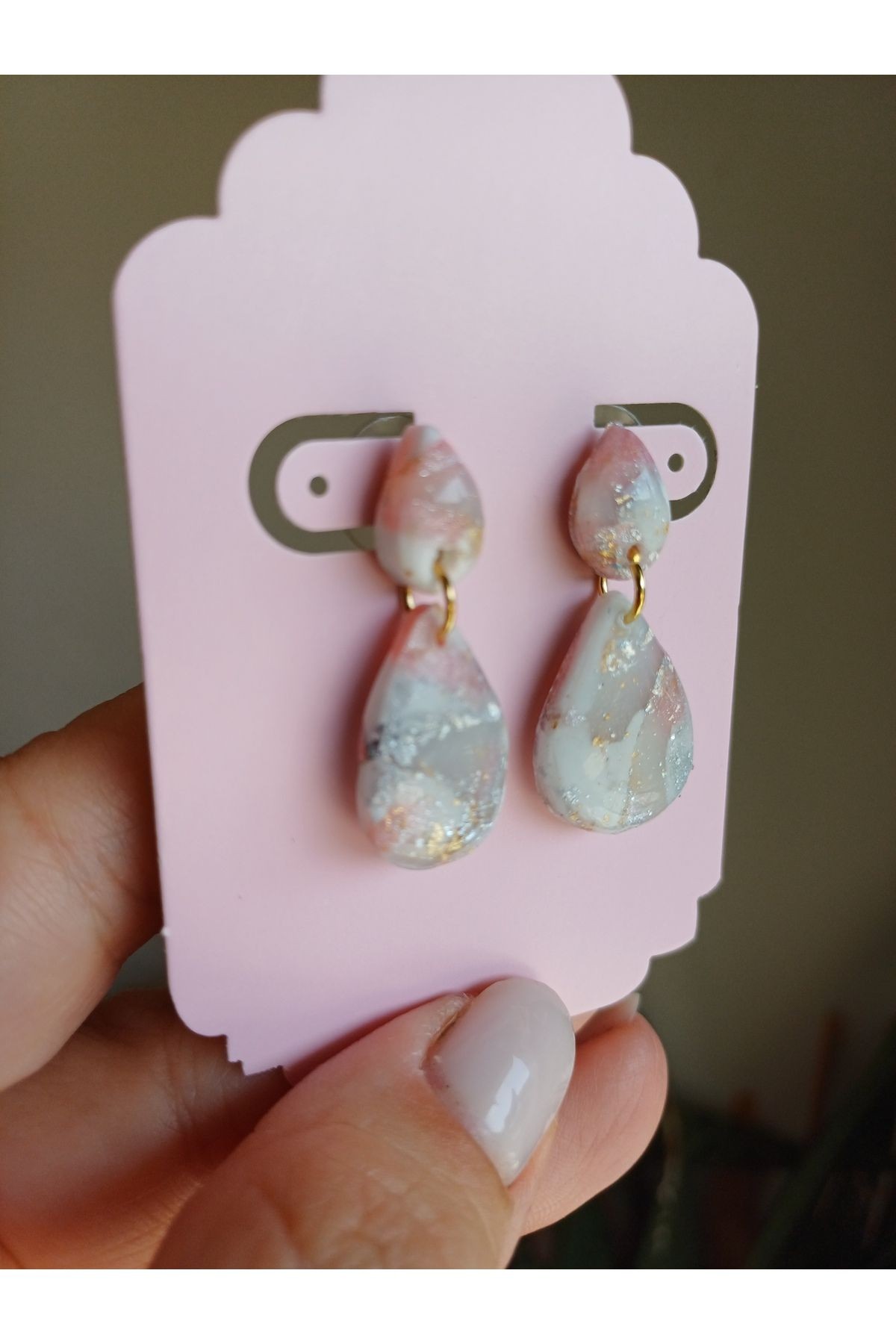 Pembe Mermer Kil Küpe, El yapımı Tasarım Küpe, Küpe Modelleri,Altın Kaplama ,Sallantılı Küpeler
