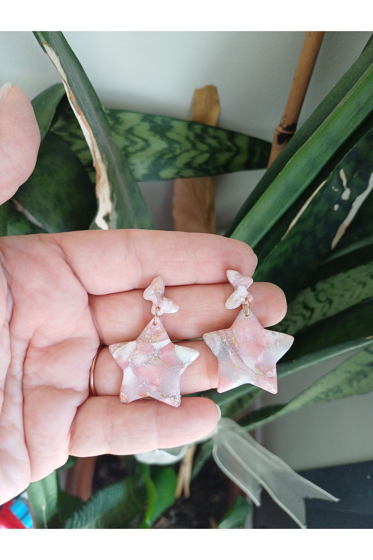 Pembe Mermer Kil Küpe, El yapımı Tasarım Küpe, Küpe Modelleri,Altın Kaplama ,Sallantılı Küpeler