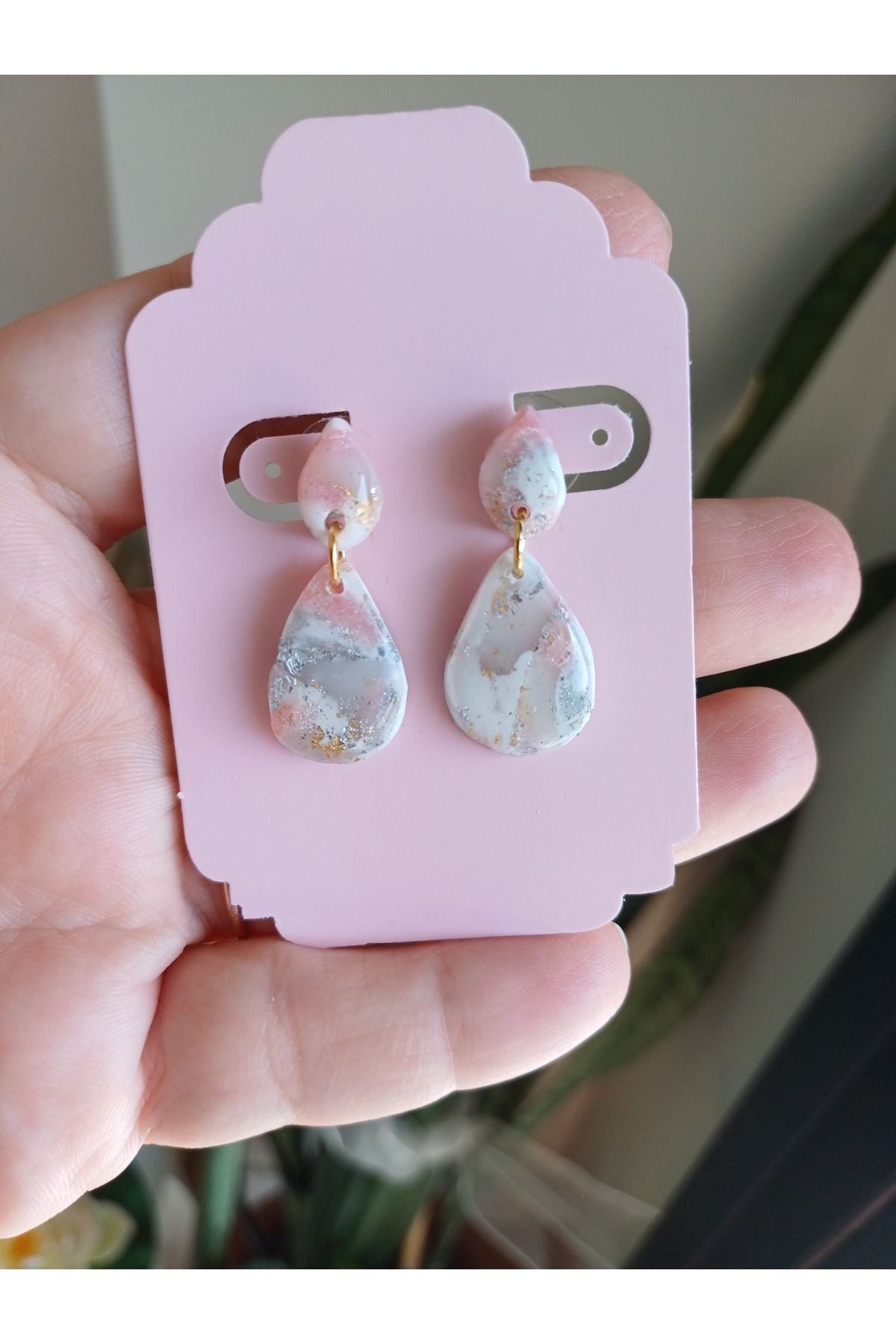 Pembe Mermer Kil Küpe, El yapımı Tasarım Küpe, Küpe Modelleri,Altın Kaplama ,Sallantılı Küpeler