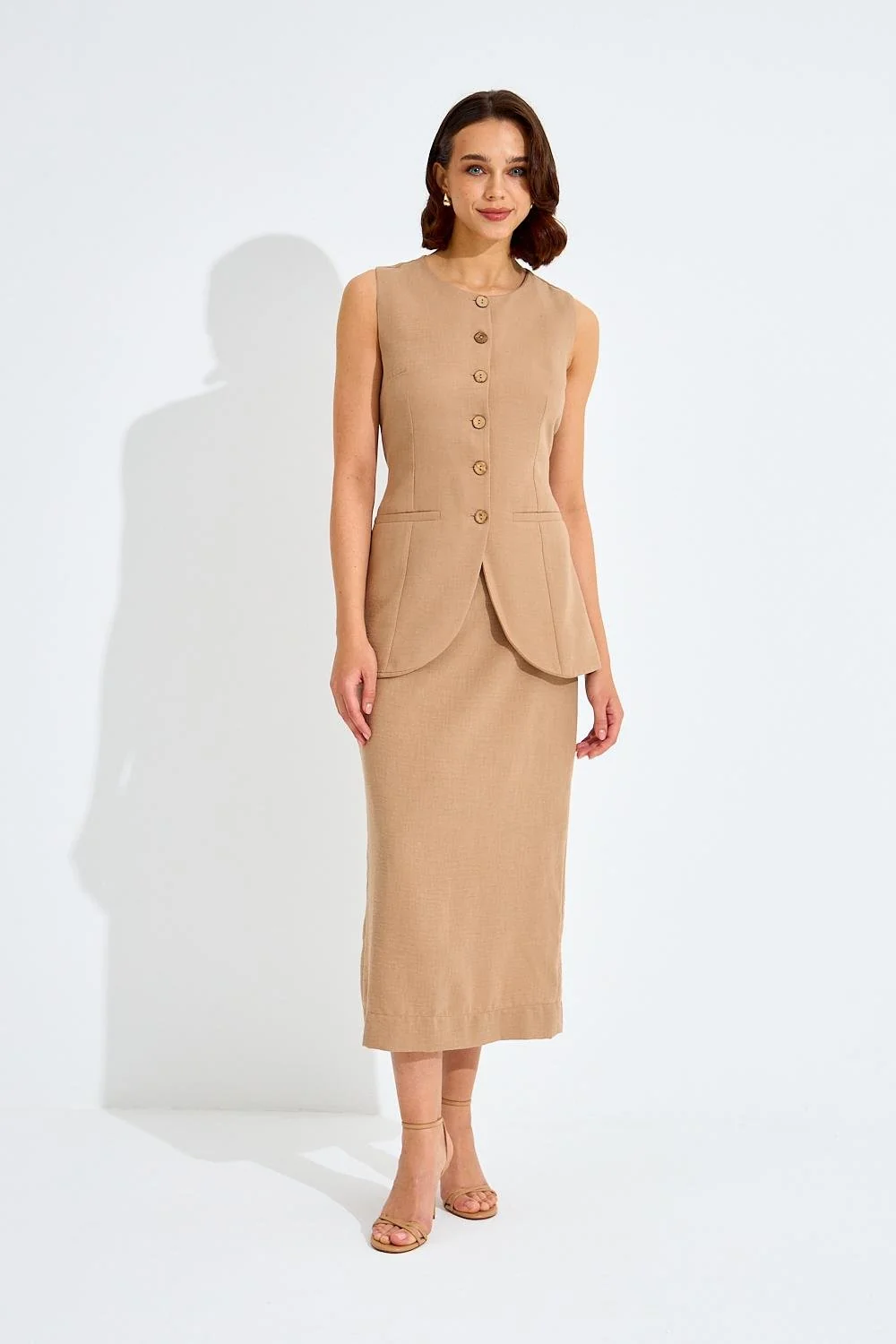 Keten Karışımlı Yelek Etek Kadın Takım