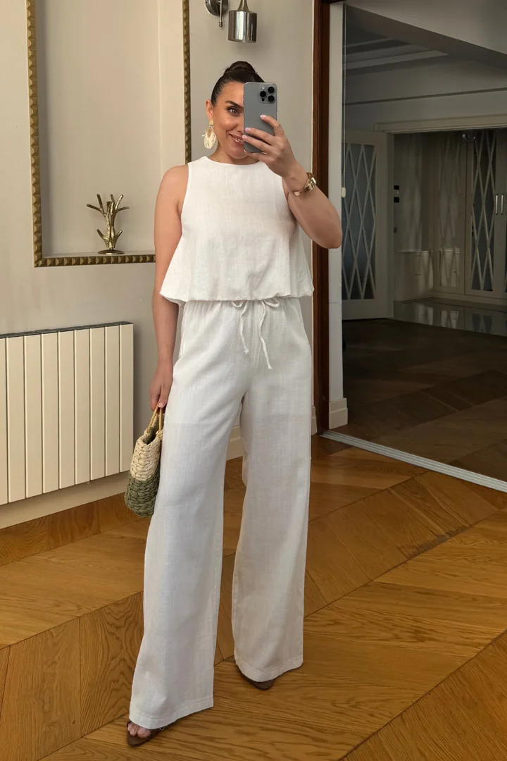 Sıfır Kol Bluz Pantolon Keten Kadın Takım