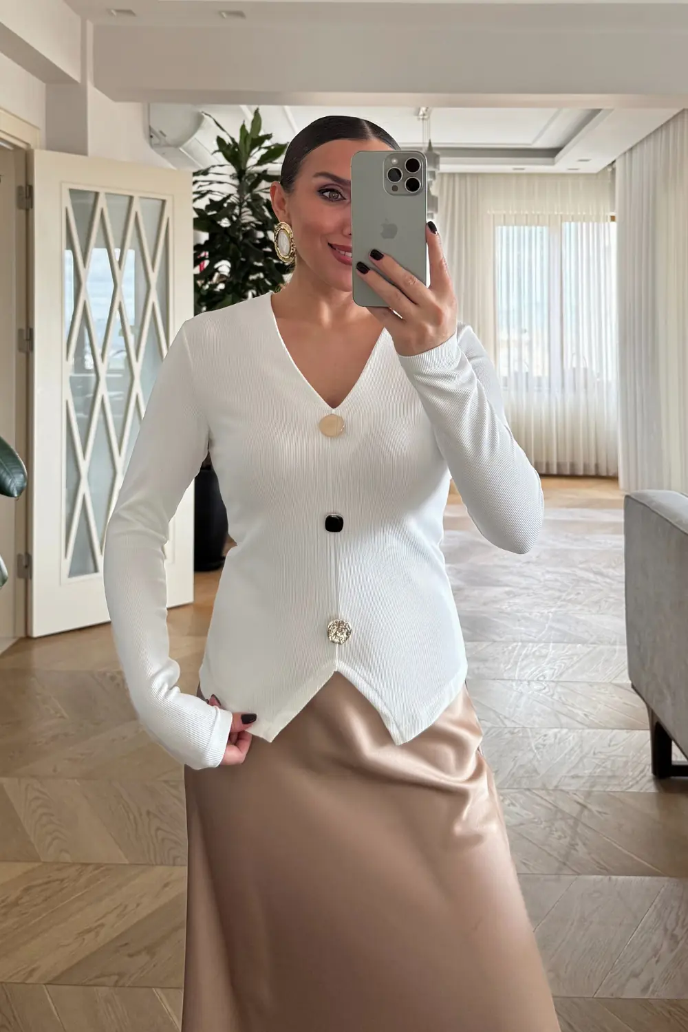 V Yaka Fitilli Uzun Kollu Bluz