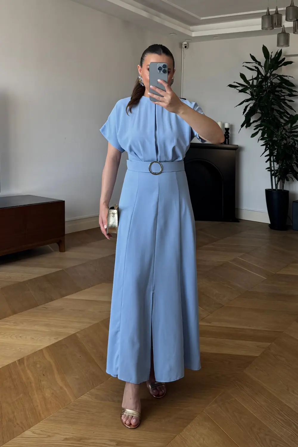 Yarasa Kol Kemerli Uzun Elbise