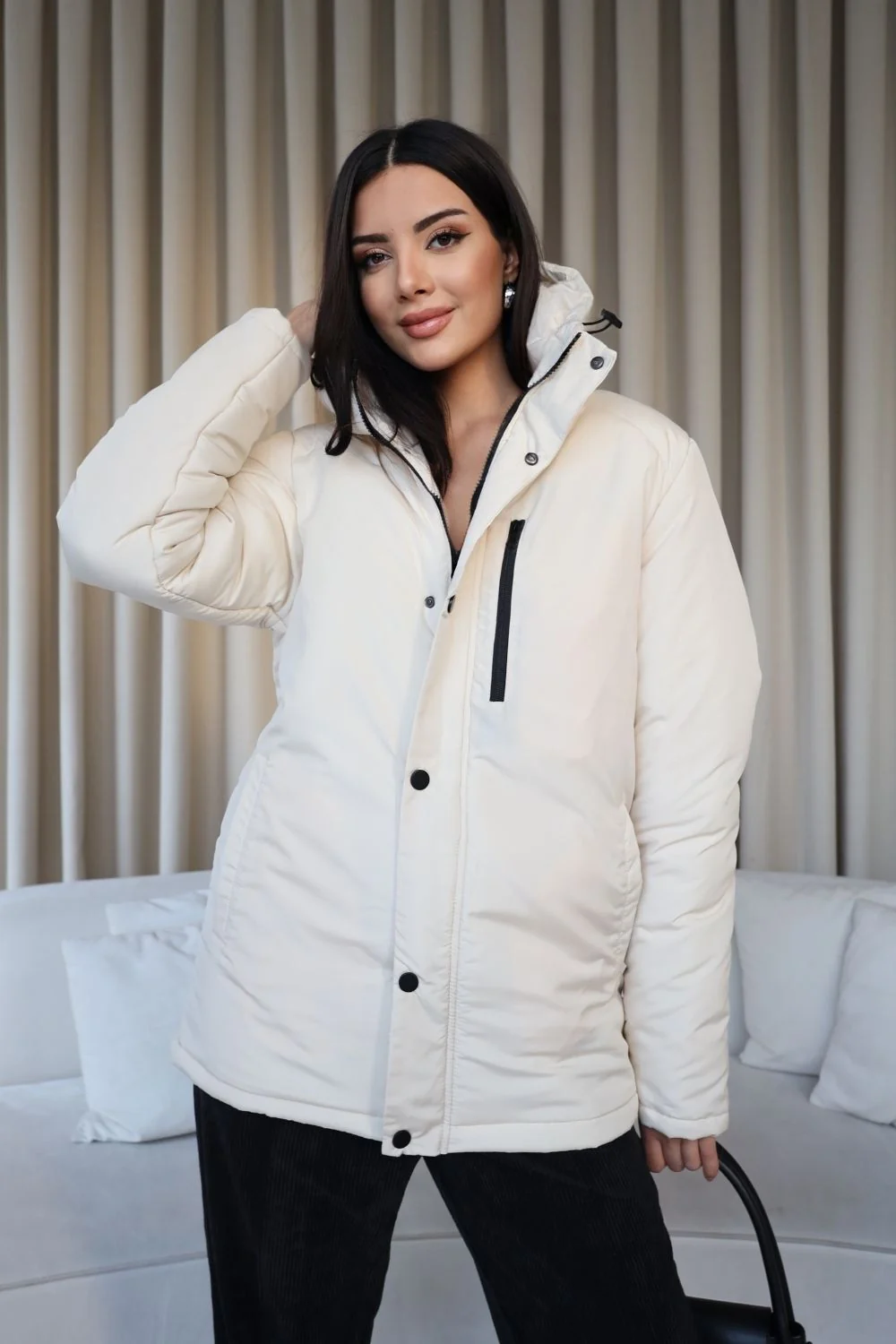 Unisex Kapüşonlu Rüzgar Geçirmez Şişme Mont Fermuarlı