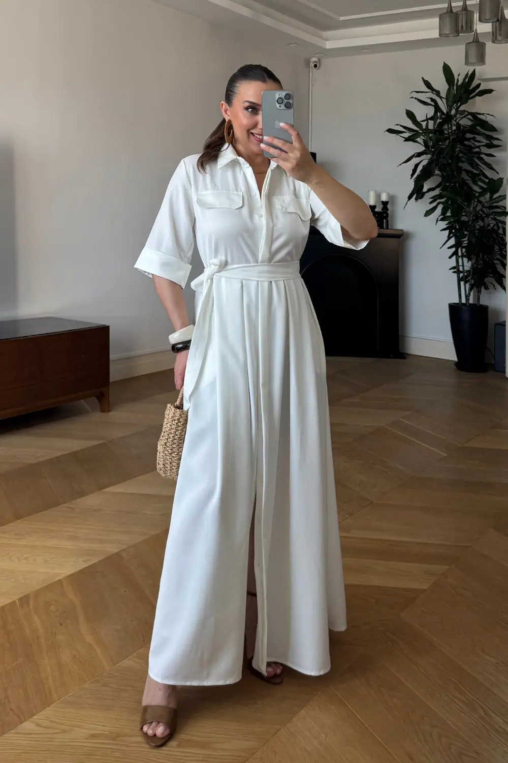 Pile Detaylı Uzun Gömlek Elbise