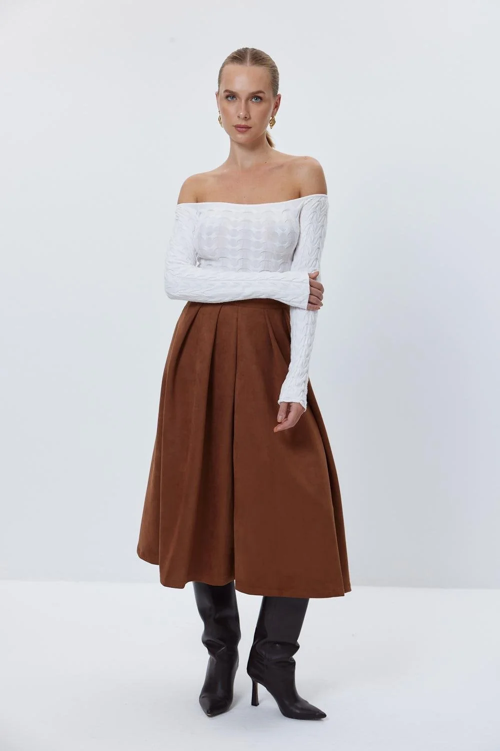 Suni Süet Pilili Midi Etek