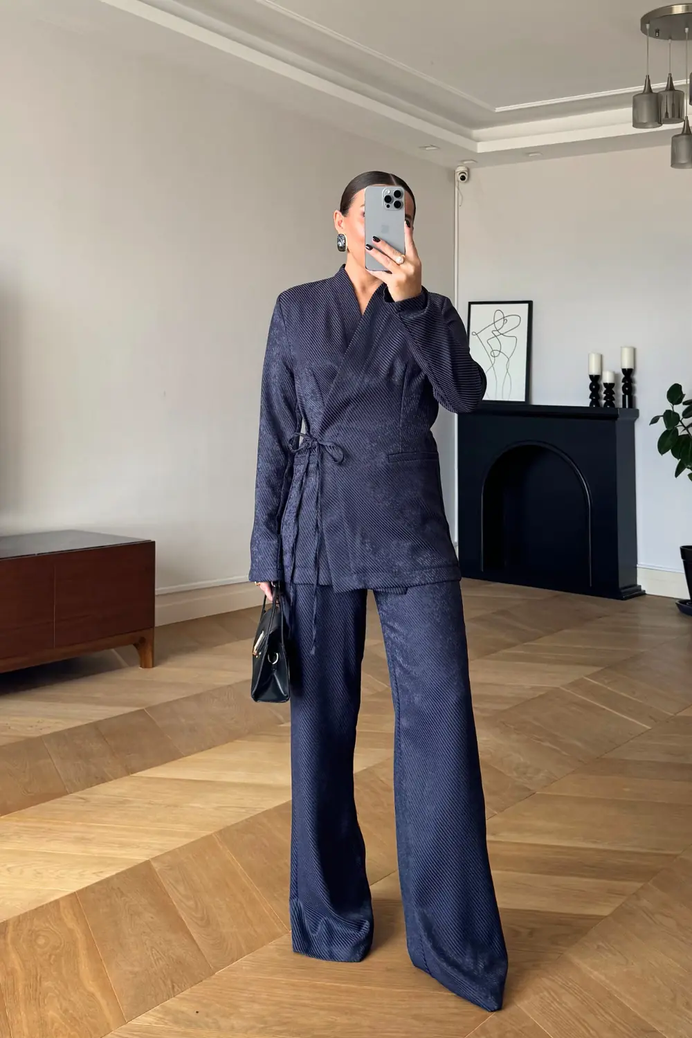 Kruvaze Bağlamalı Desenli Ceket Pantolon Kadın Takım