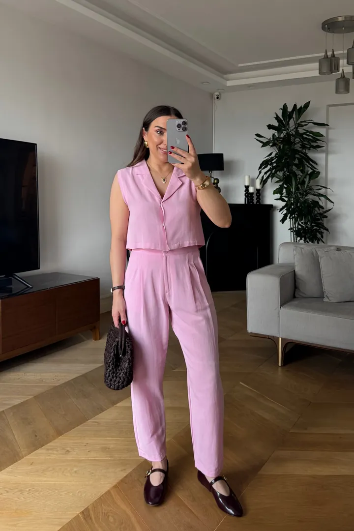 Keten Yelek Pantolon Kadın Takım