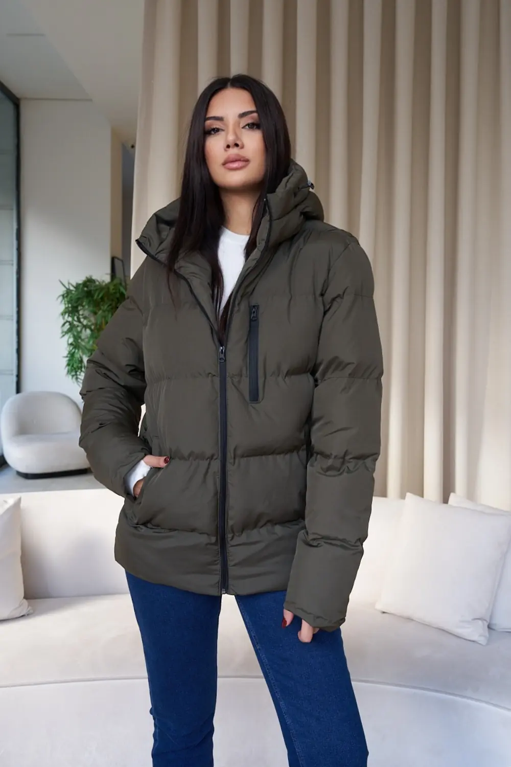 Unisex Dik Yaka Kapüşonlu Rüzgar Geçirmez Şişme Mont