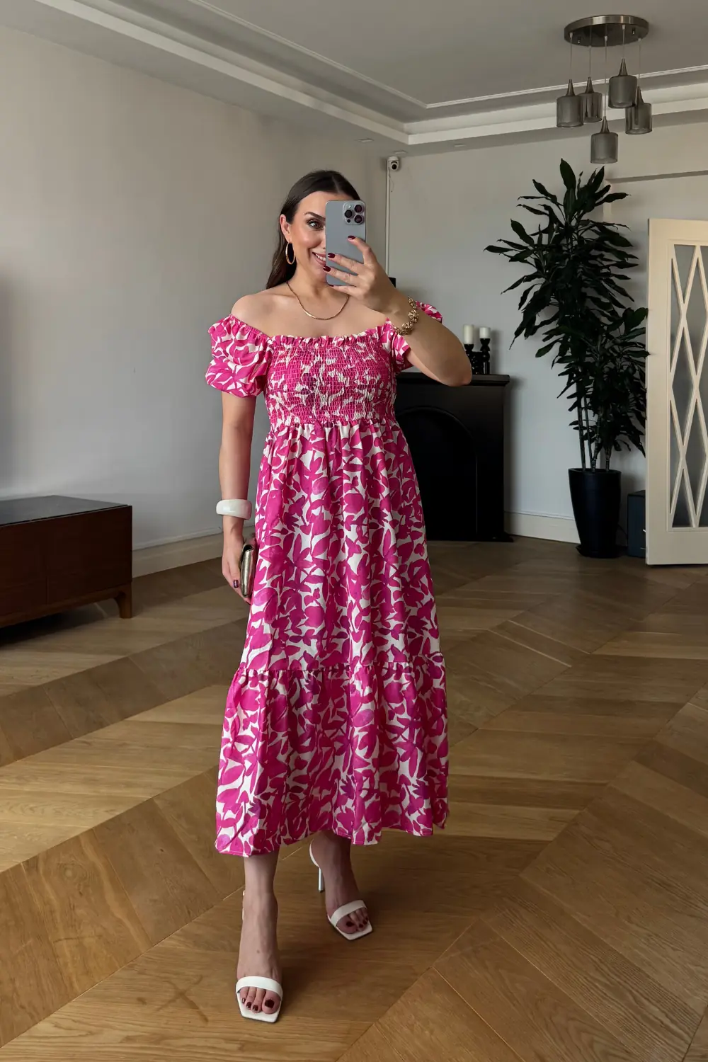 Desenli Gipe Detaylı Midi Elbise