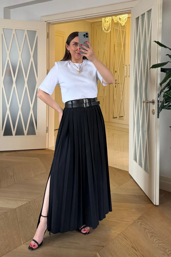 Kemer Detaylı Piliseli Uzun Etek