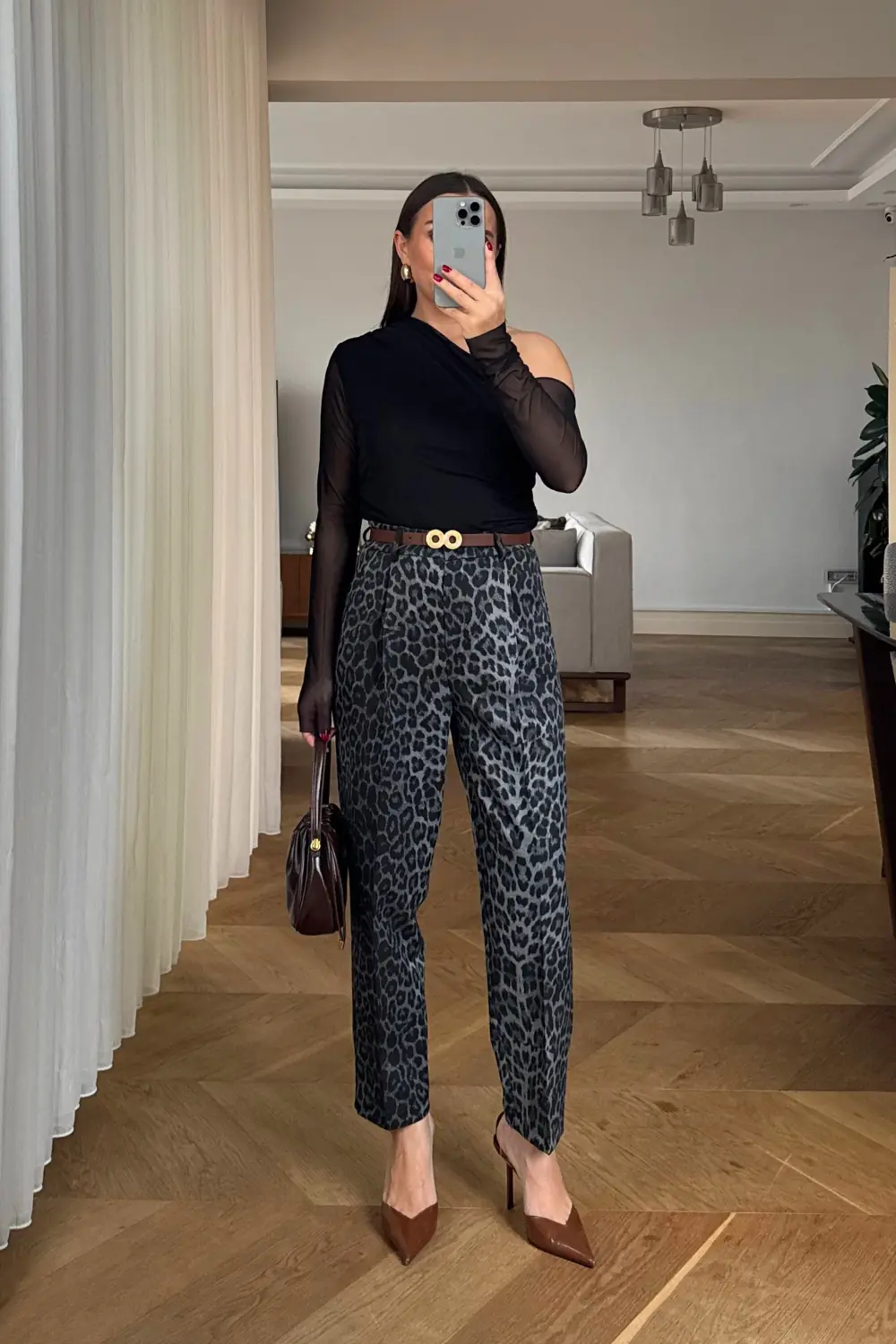 Kemerli Leopar Desenli Kadın Pantolon