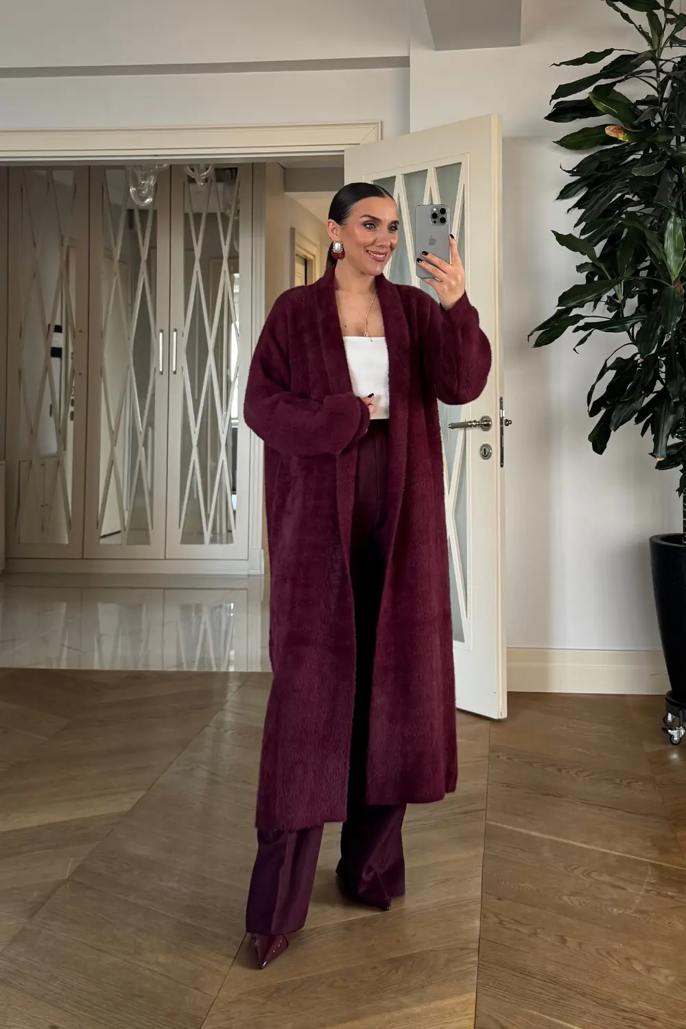 Yumuşak Dokulu Şal Yaka Uzun Kadın Hırka