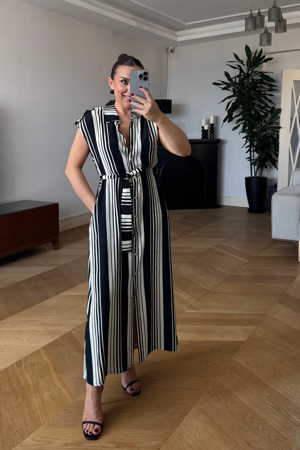 Sıfır Kol Çizgili Uzun Gömlek Elbise