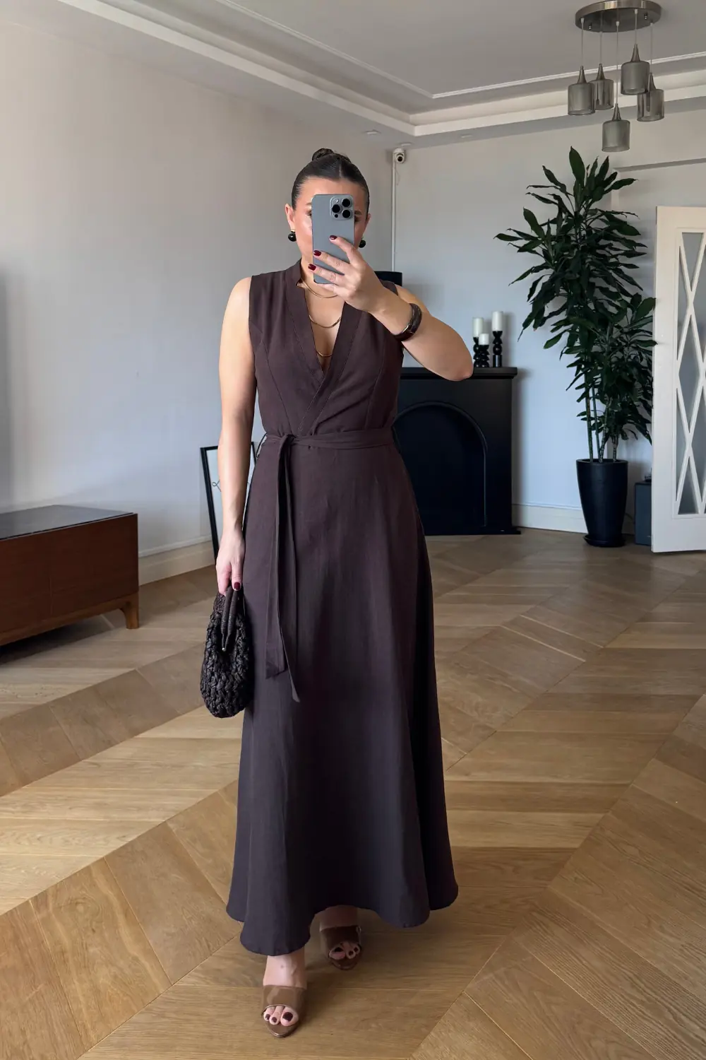 Kruvaze Yaka Keten Sıfır Kol Uzun Elbise