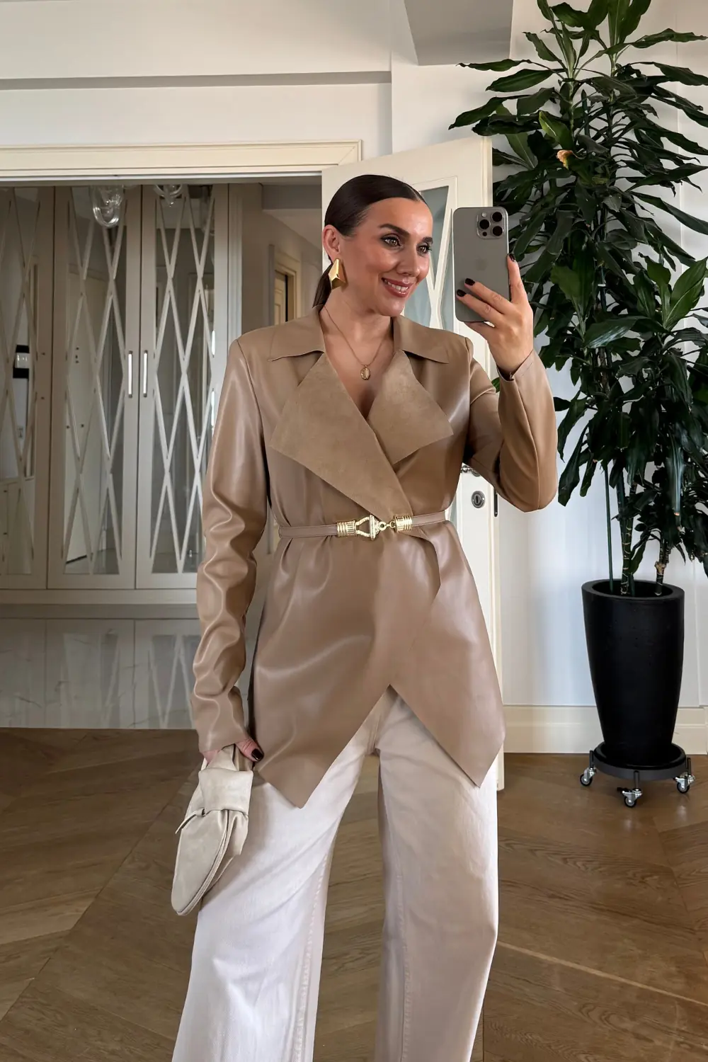 Suni Deri Kemerli Kadın Ceket