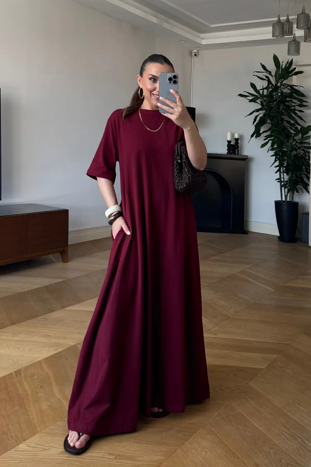 Bisiklet Yaka Kısa Kollu Uzun Elbise