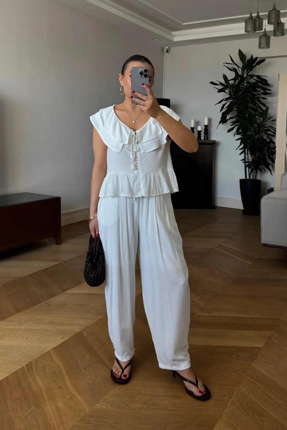 Volanlı Bluz Pantolon Kadın Takım