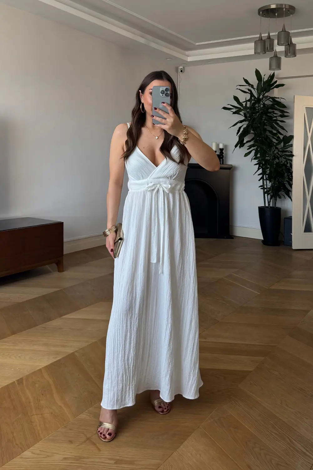 Beli Büzgülü Askılı Uzun Elbise