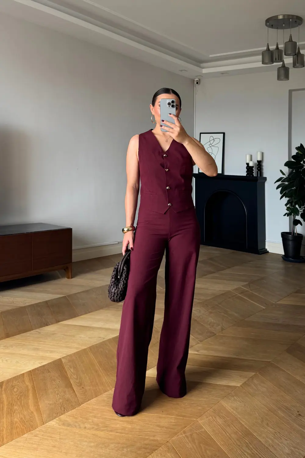 Gold Düğmeli Yelek Pantolon Kadın Takım