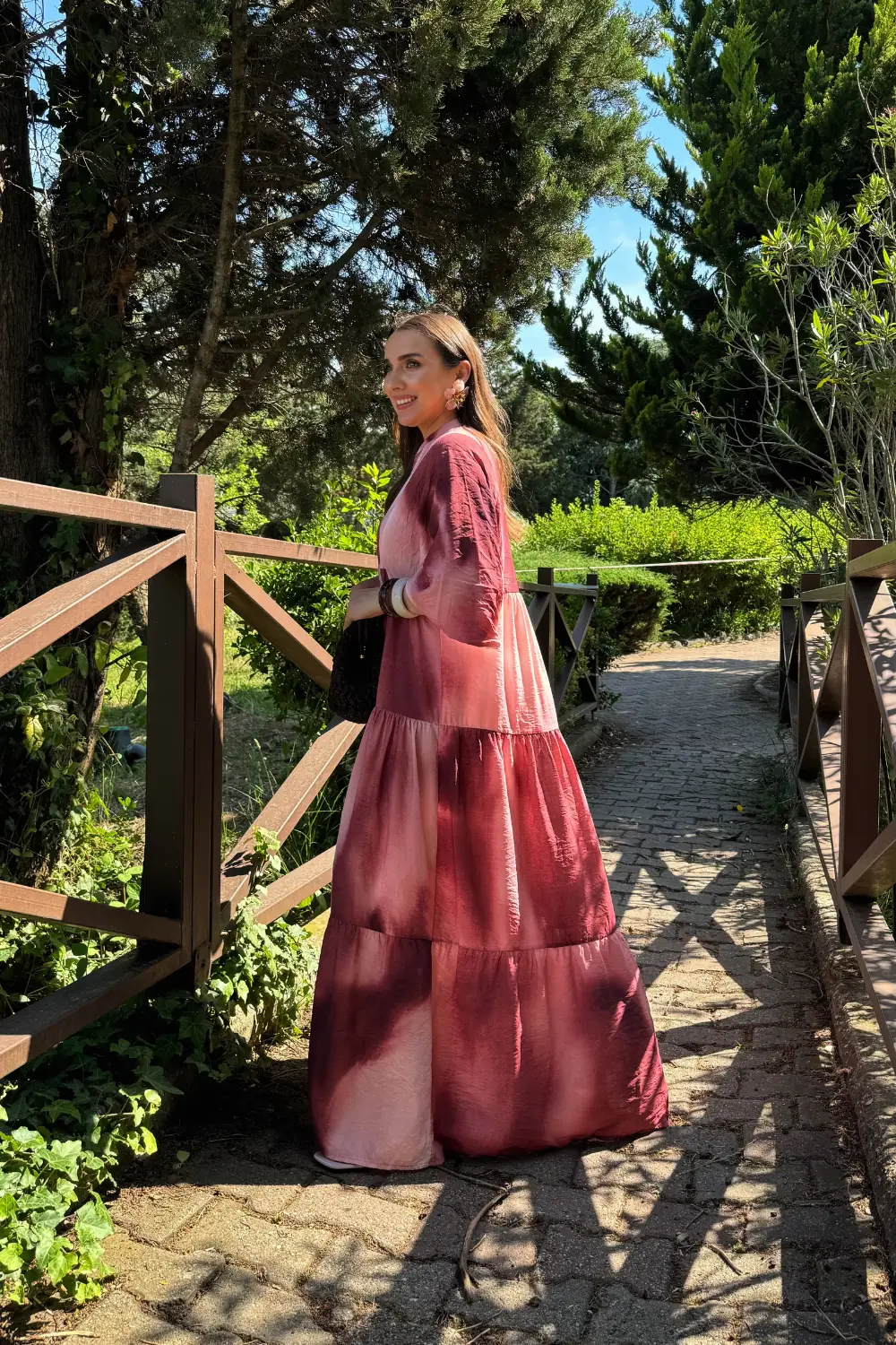 Hakim Yaka Balon Kol Desenli Uzun Elbise