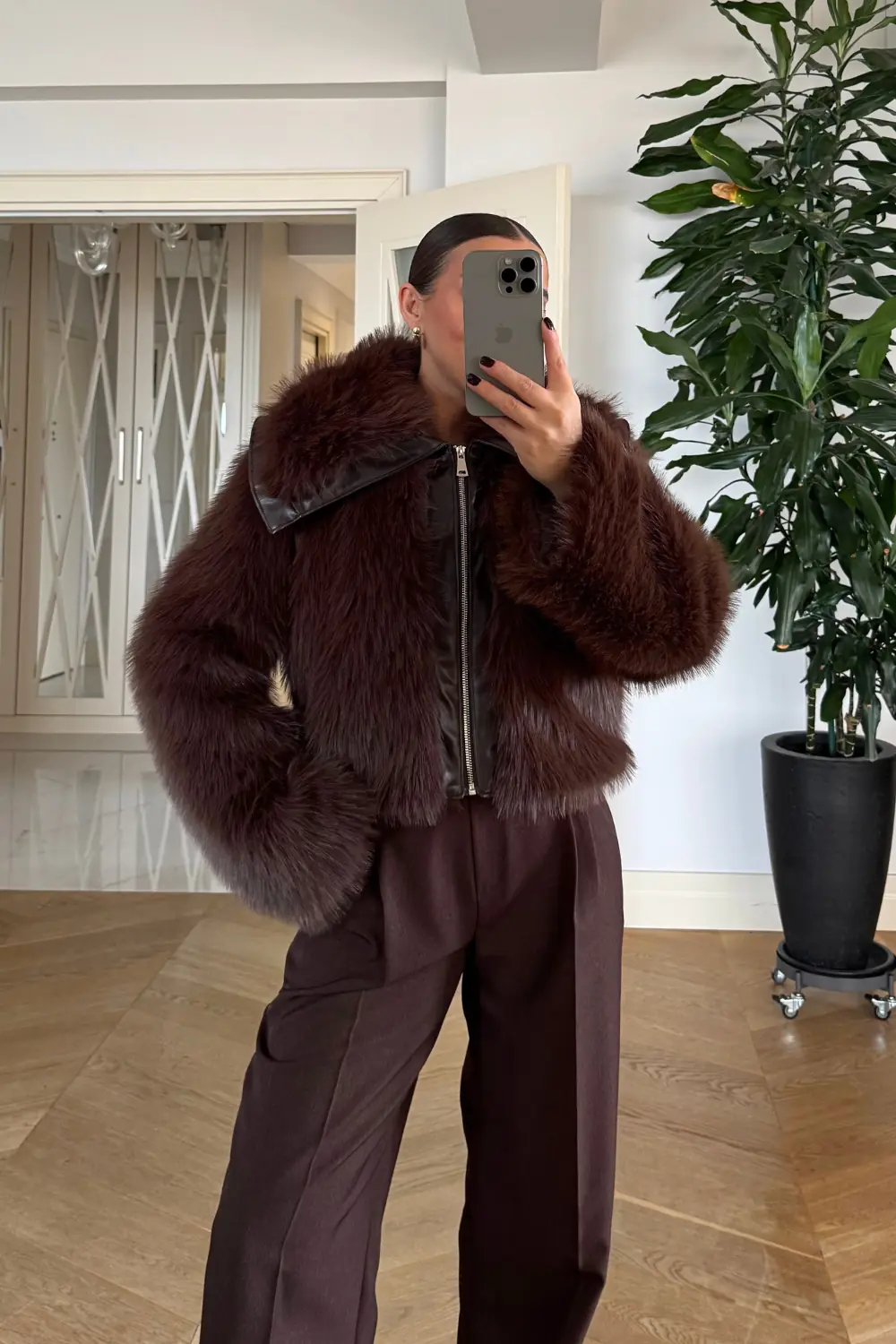 Deri Detaylı Suni Kürk Kadın Ceket