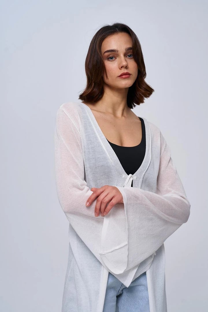 Bağlama Detaylı İnce Uzun Kadın Triko Hırka