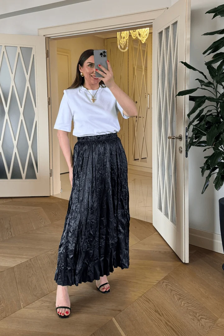 Piliseli Saten Uzun Etek