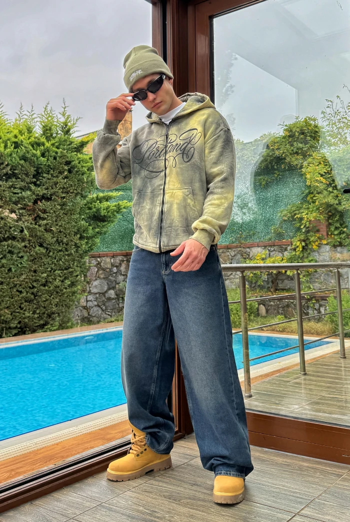 Koyu Mavi Eskitmeli Extra Baggy Pantolon