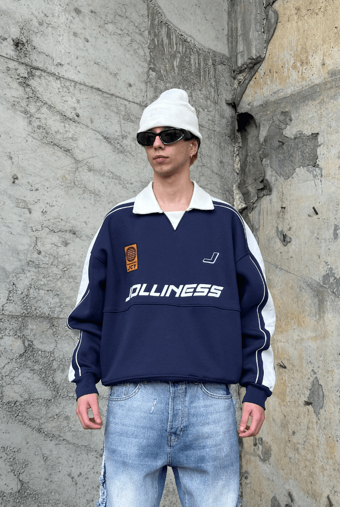 Jolliness  Baskılı Polo Yaka Oversize Sweatshirt - Lacivert