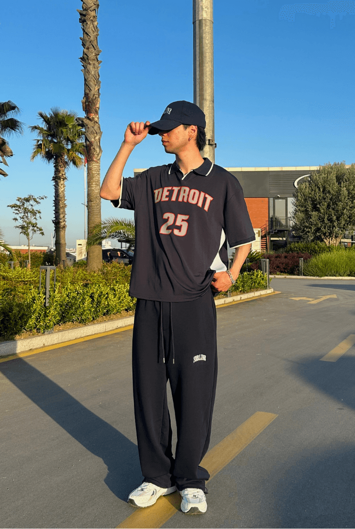 Detroit Baskılı Polo Yaka Premium Oversize Jersey